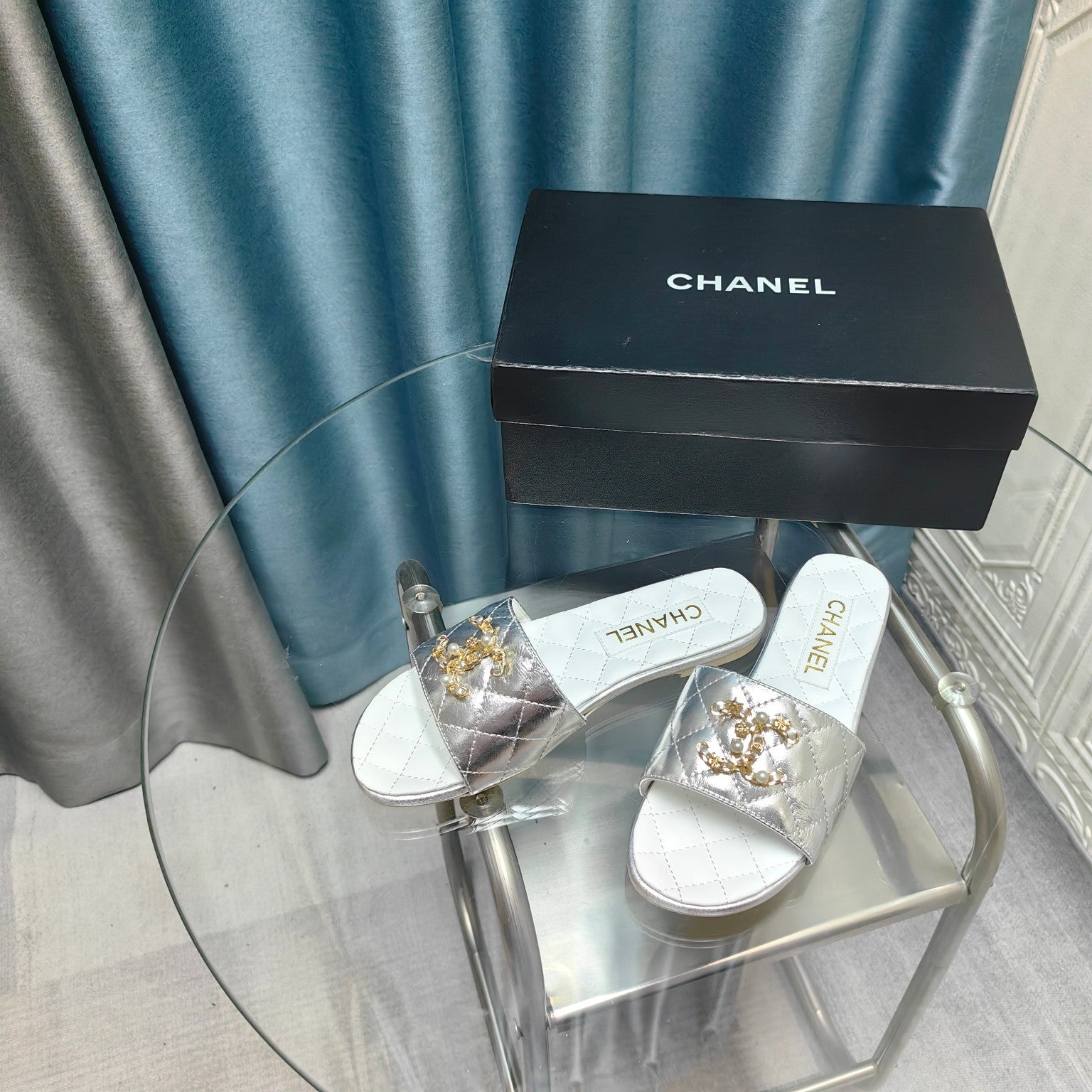 CHANEL QUILTED SLIPPERS SILVER SHEEPSKIN