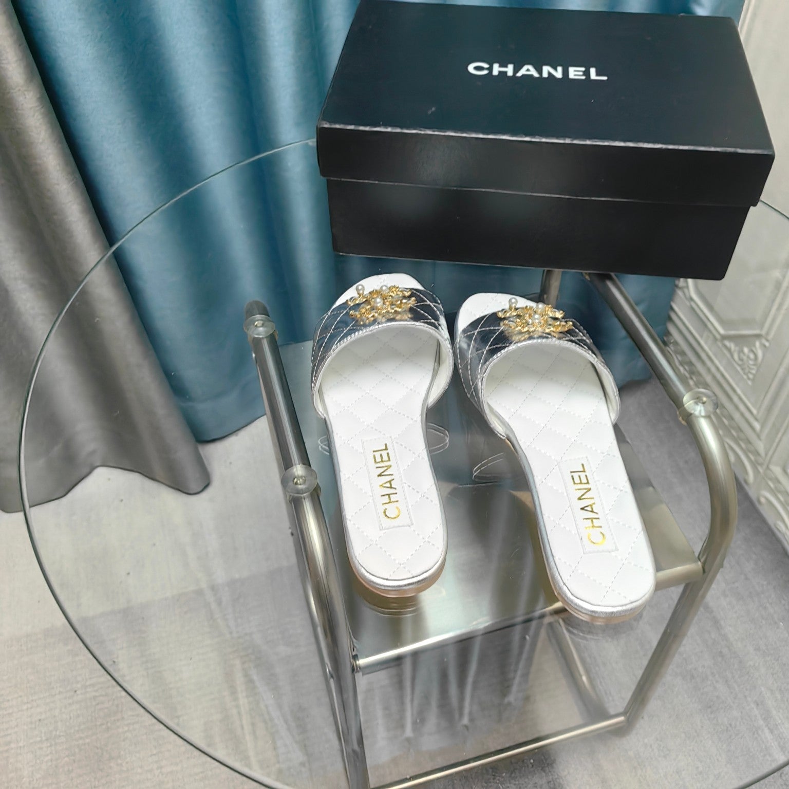 CHANEL QUILTED SLIPPERS SILVER SHEEPSKIN