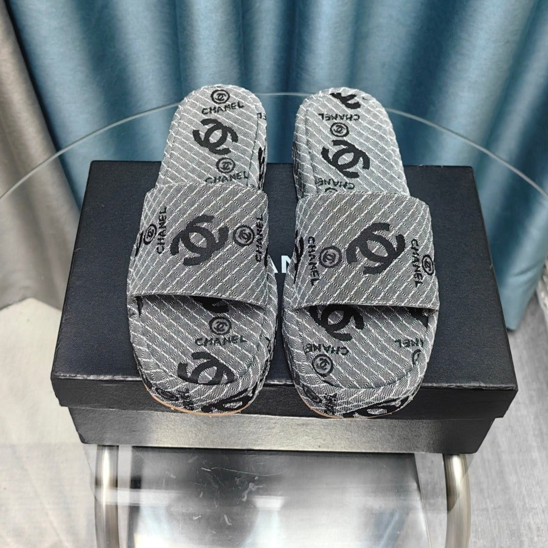CHANEL THICK-SOLE SLIPPERS GREY SATIN