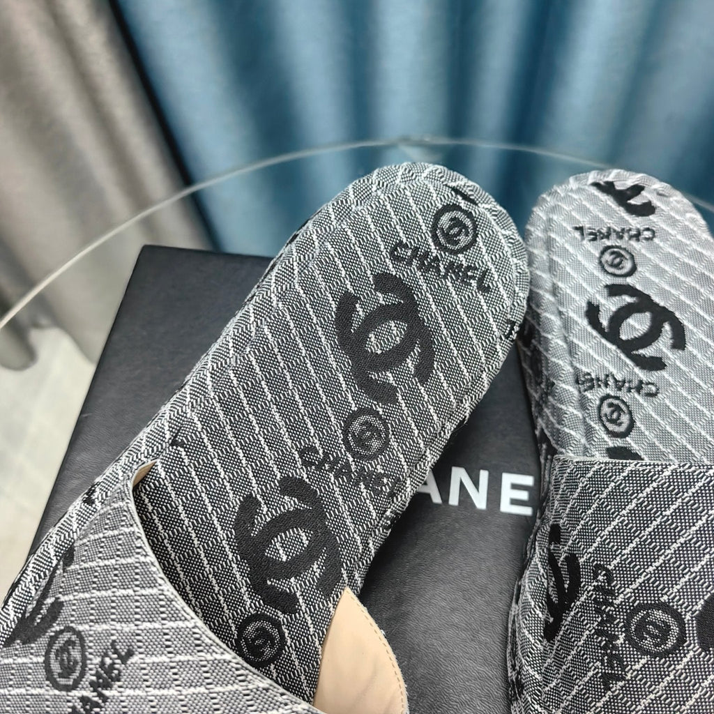 CHANEL THICK-SOLE SLIPPERS GREY SATIN