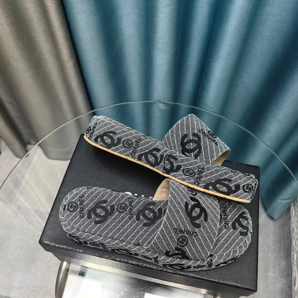 CHANEL THICK-SOLE SLIPPERS GREY SATIN