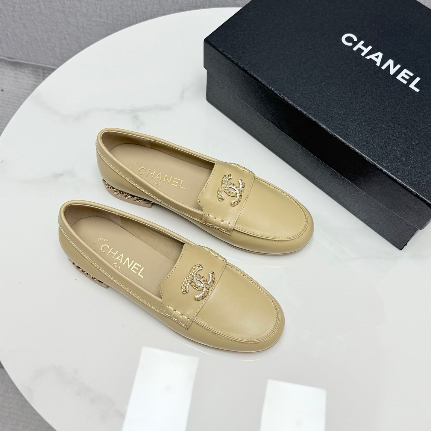 CHANEL LOAFER 25S IN WARM BEIGE LAMBSKIN WITH GOLD HARDWARE