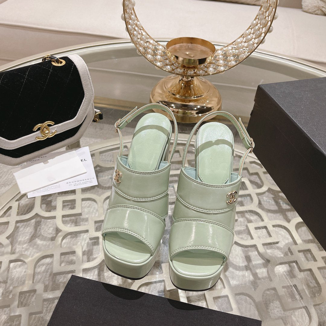 CHANEL sandals light turquoise patent crumpled lambskin