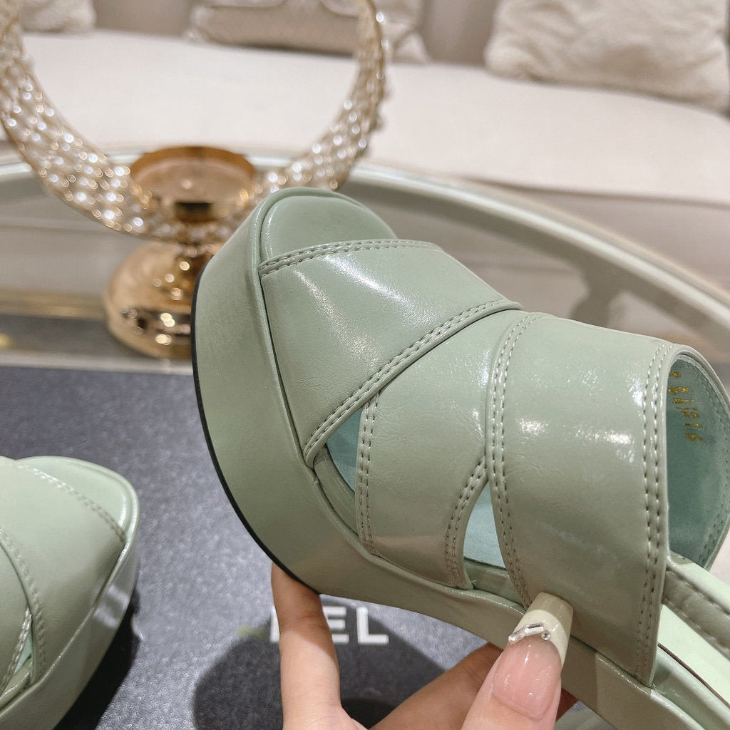 CHANEL sandals light turquoise patent crumpled lambskin