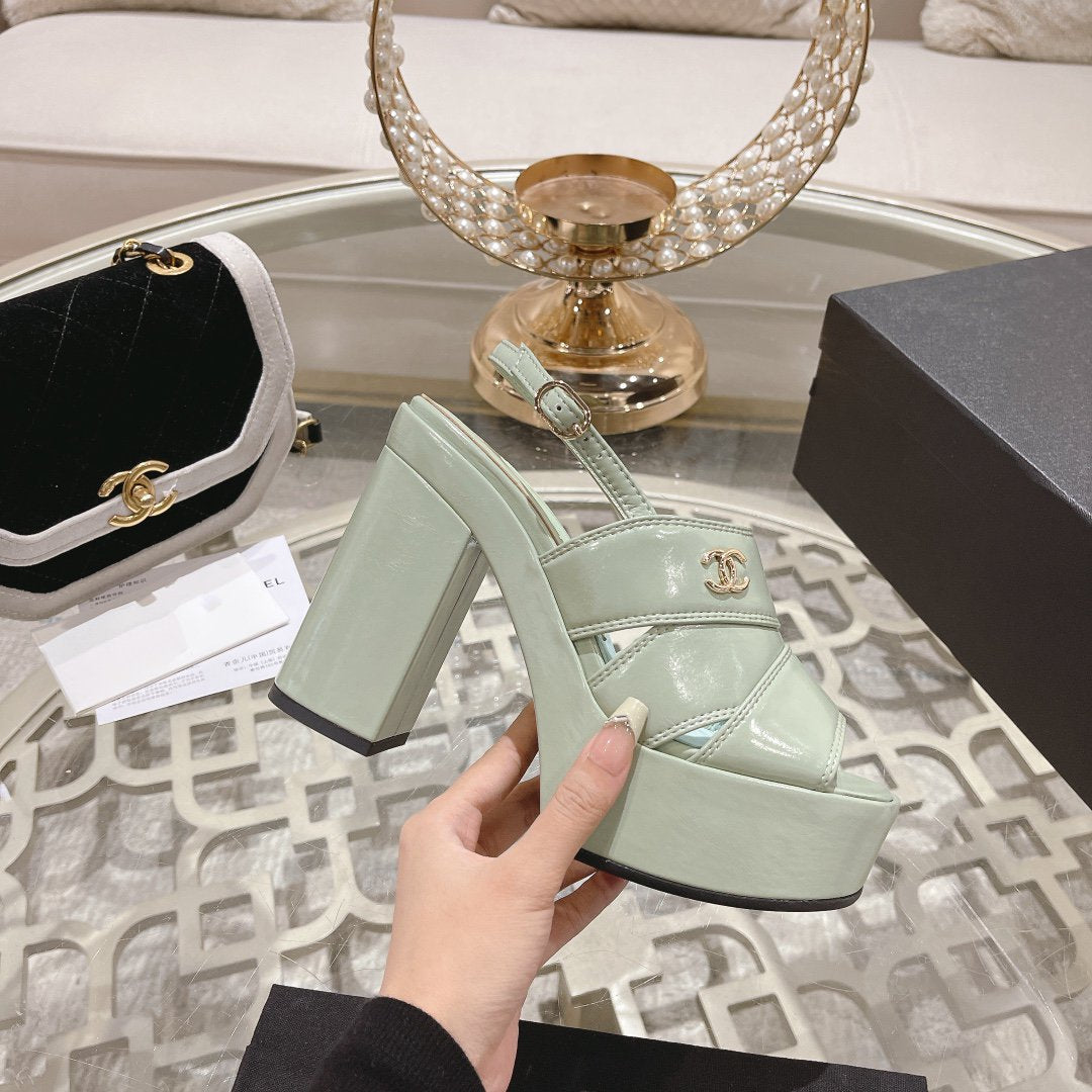 CHANEL sandals light turquoise patent crumpled lambskin