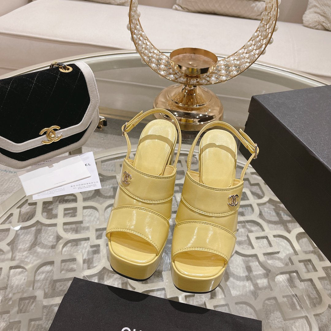 CHANEL sandals yellow patent crumpled lambskin
