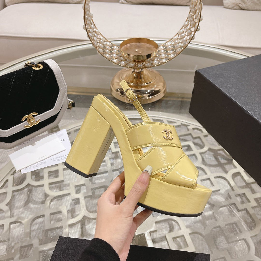 CHANEL sandals yellow patent crumpled lambskin