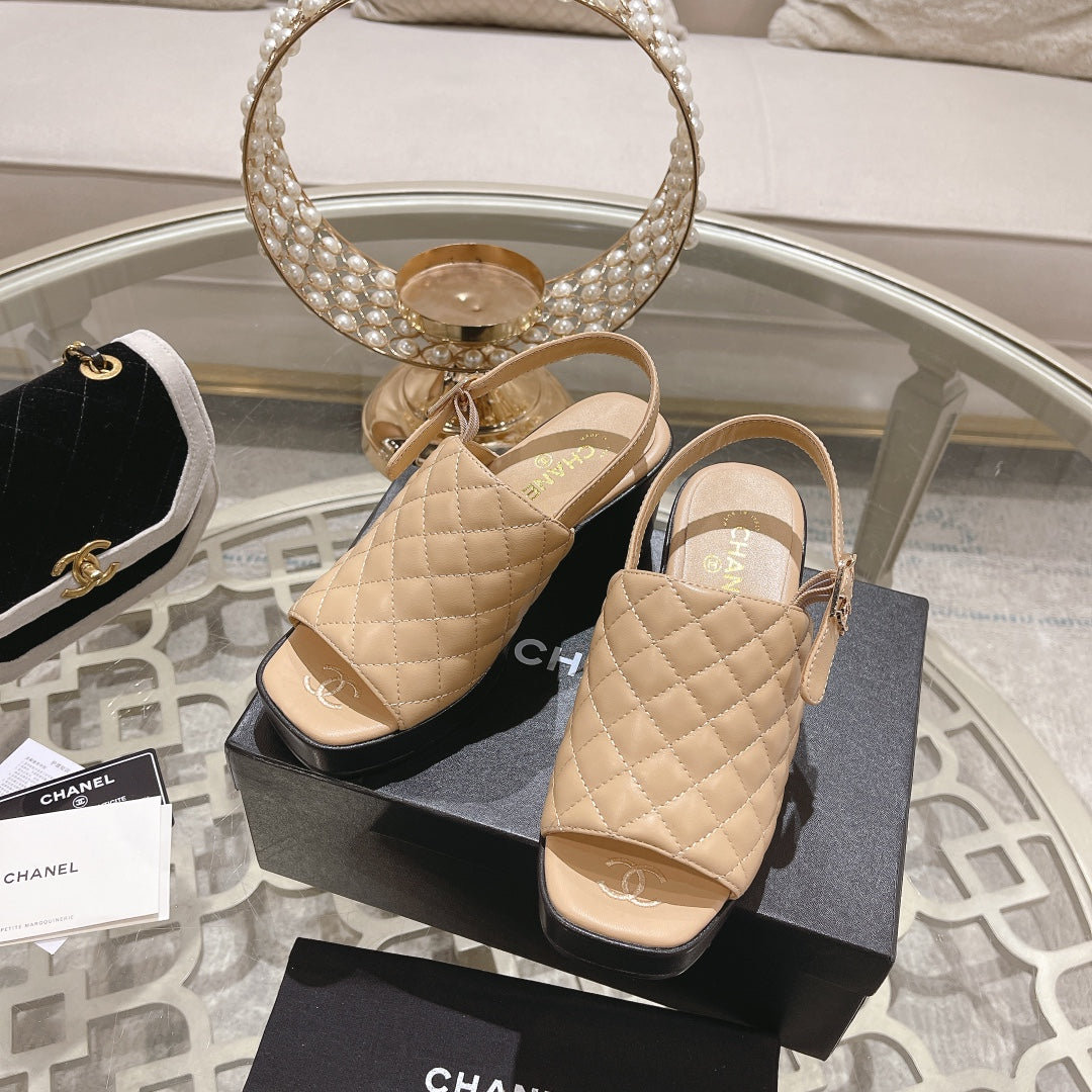 CHANEL Double C  Chunky Heel Peep-Toe Open Sandals Beige Cream Lambskin