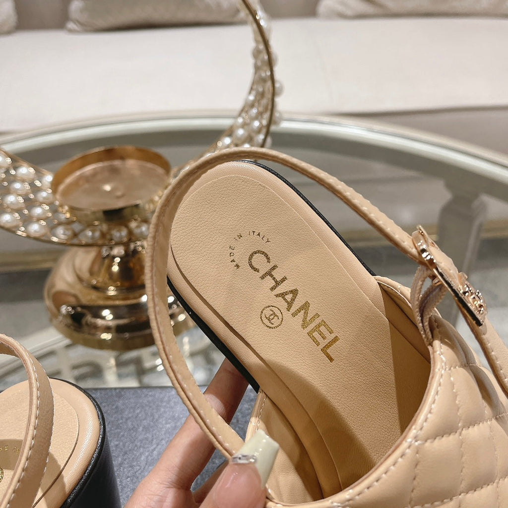 CHANEL Double C  Chunky Heel Peep-Toe Open Sandals Beige Cream Lambskin