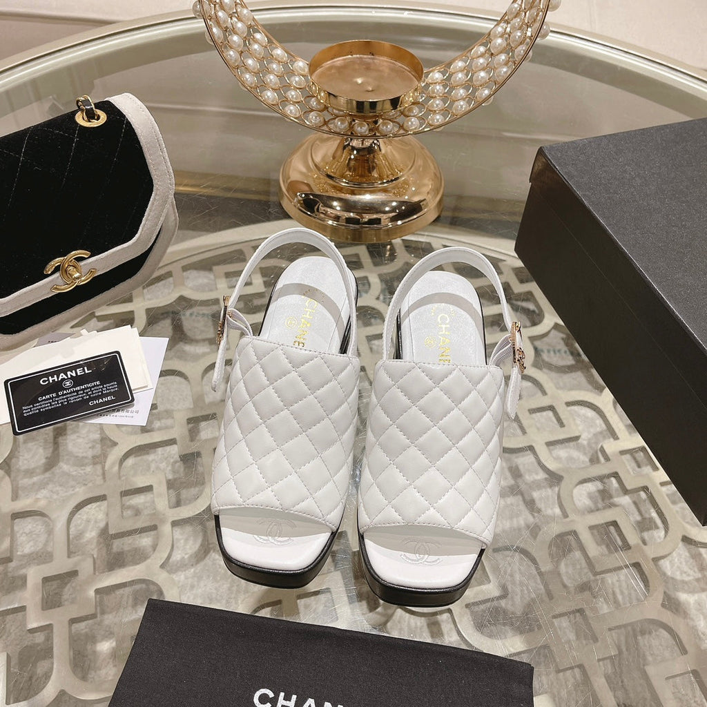 CHANEL Double C  Chunky Heel Peep-Toe Open Sandals White Lambskin