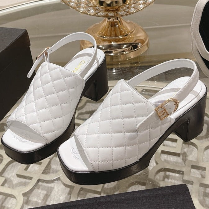 CHANEL Double C  Chunky Heel Peep-Toe Open Sandals White Lambskin