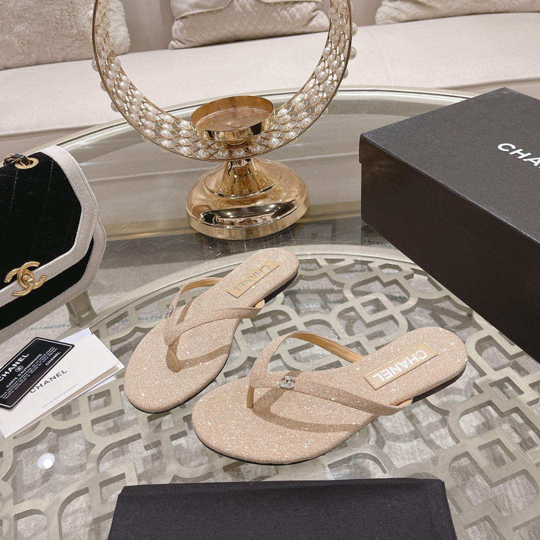 CHANEL Double  Rhinestone Flip  Flop Thongs Beige Cream Sheepskin