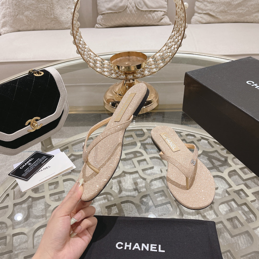 CHANEL Double  Rhinestone Flip  Flop Thongs Beige Cream Sheepskin