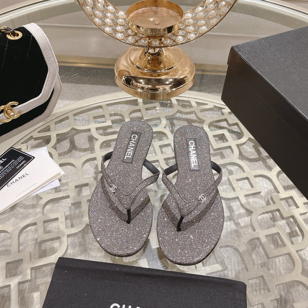 CHANEL Double  Rhinestone Flip  Flop Thongs Dark Gray Sheepskin
