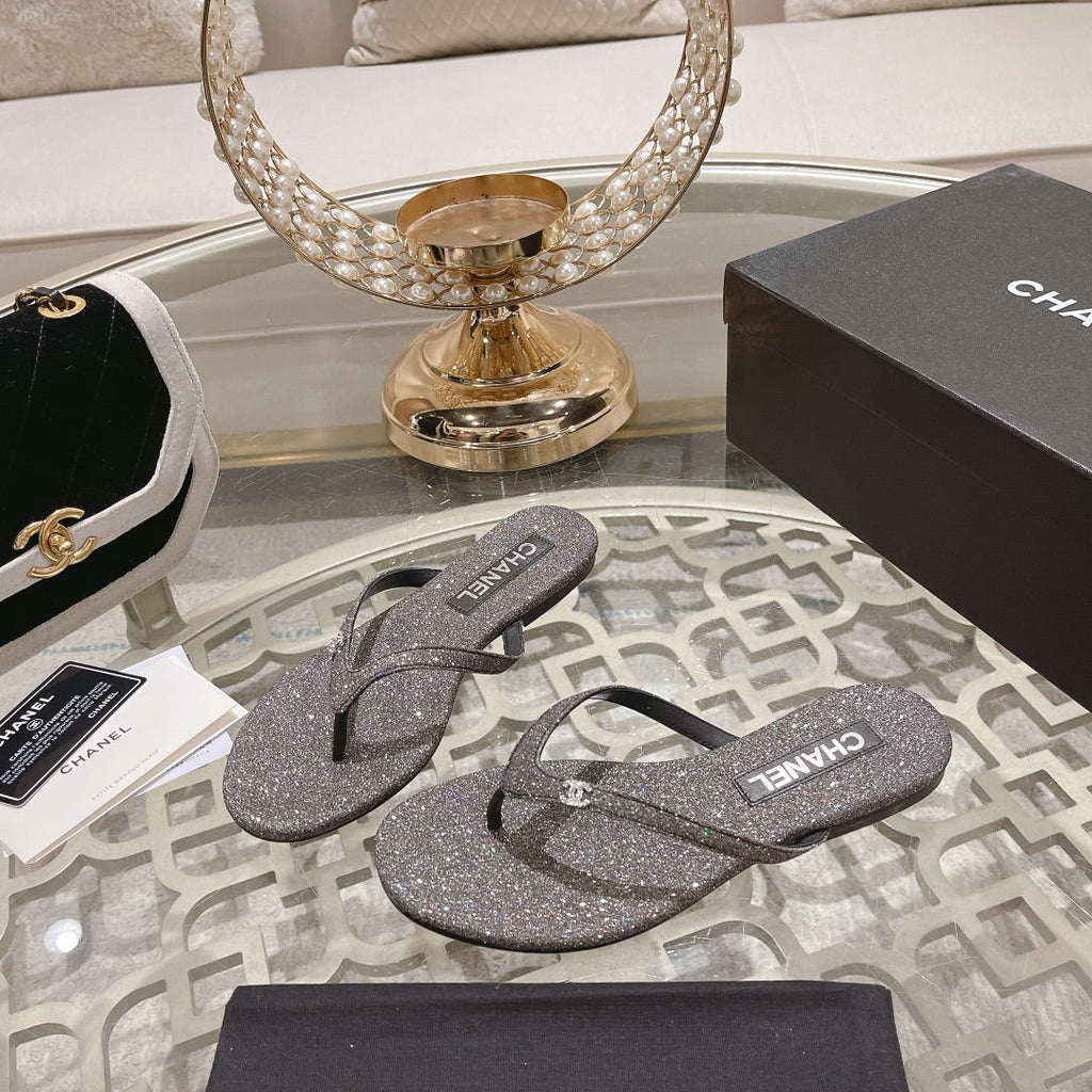 CHANEL Double  Rhinestone Flip  Flop Thongs Dark Gray Sheepskin