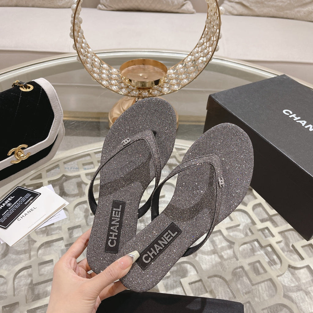 CHANEL Double  Rhinestone Flip  Flop Thongs Dark Gray Sheepskin