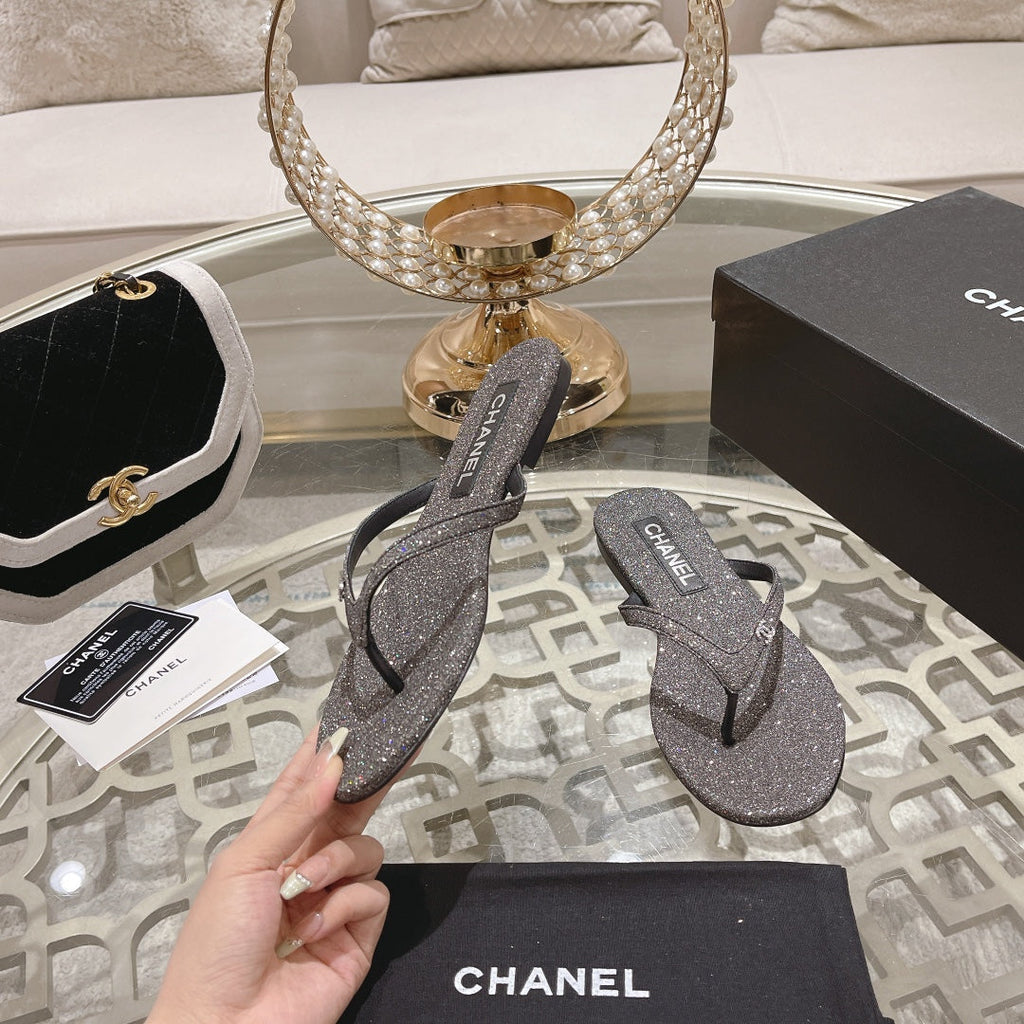 CHANEL Double  Rhinestone Flip  Flop Thongs Dark Gray Sheepskin