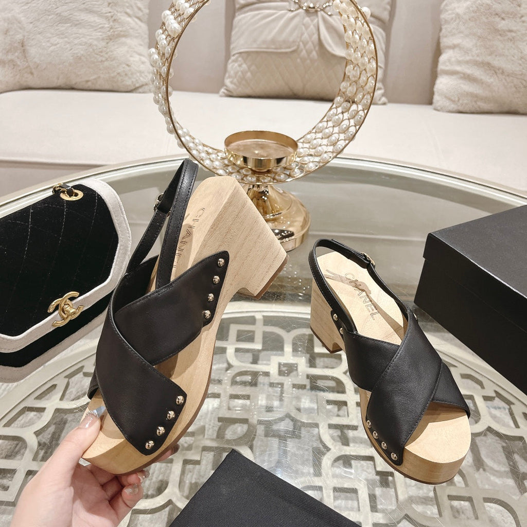 CHANEL Double   Wood Grain Platform Sandals Black Sheepskeen