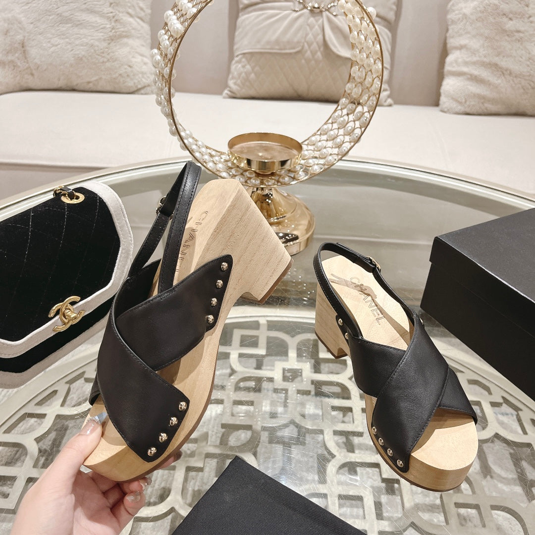 CHANEL Double   Wood Grain Platform Sandals Black Sheepskeen