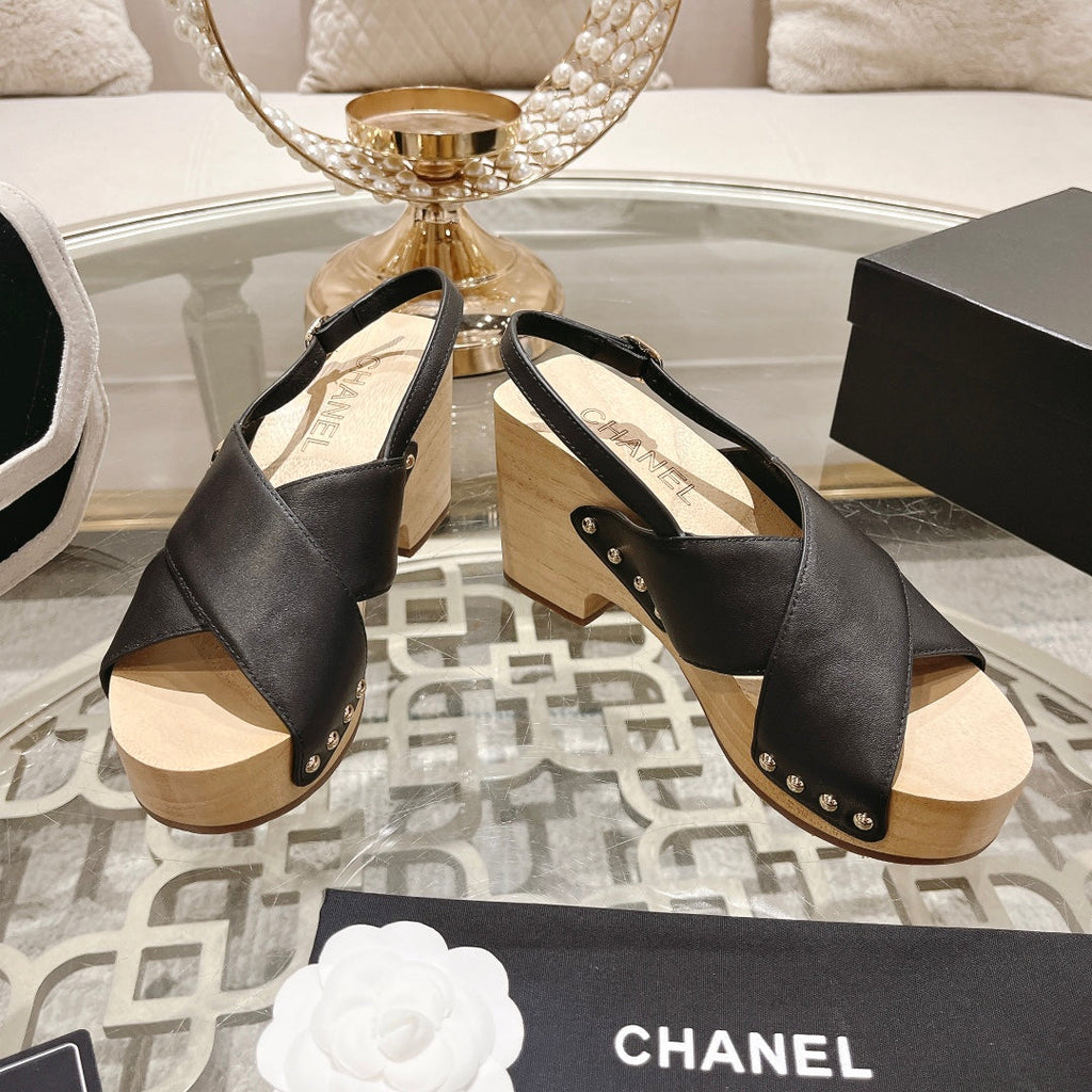 CHANEL Double   Wood Grain Platform Sandals Black Sheepskeen