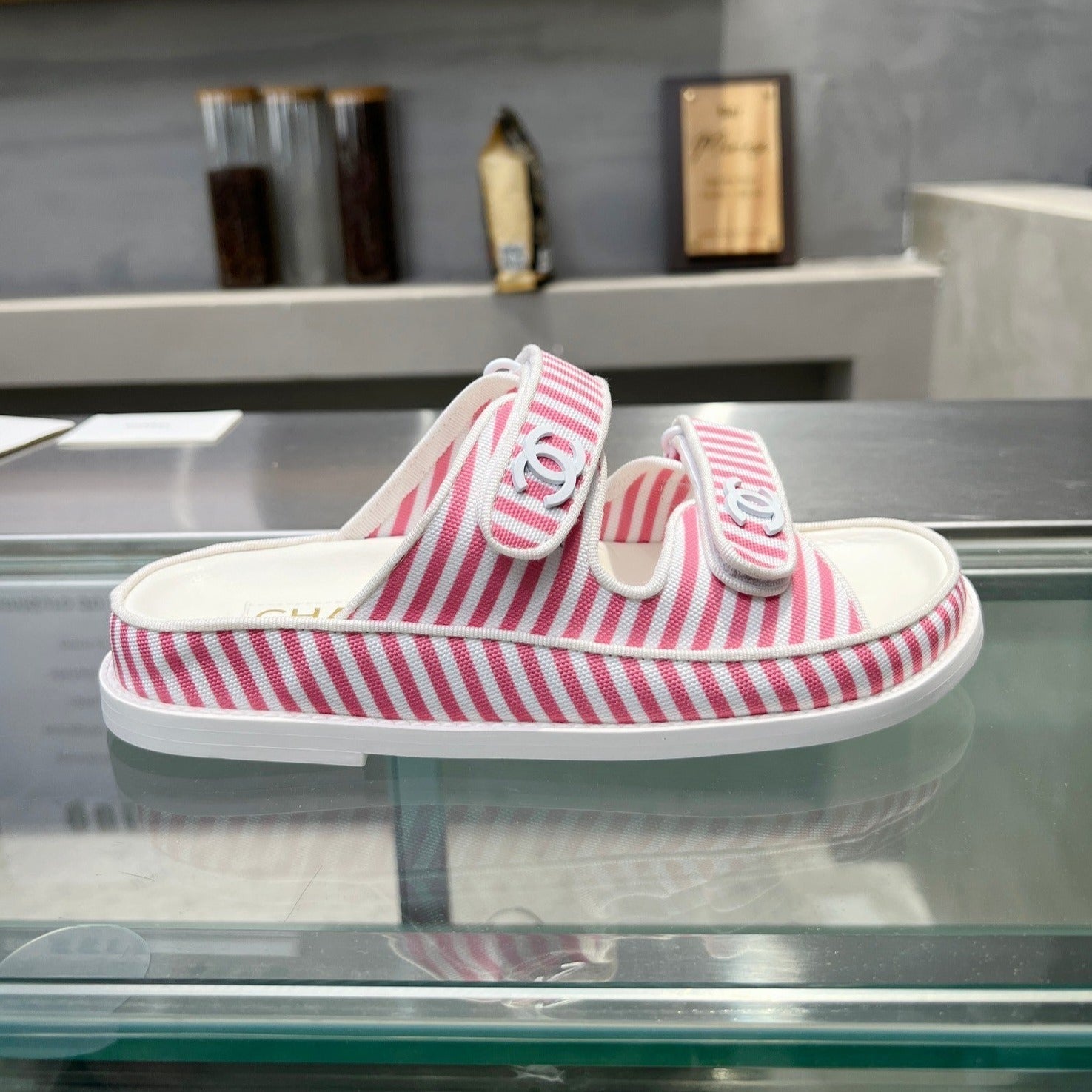 CHANEL Stripes Casual  Flat Sandals Light Pink White