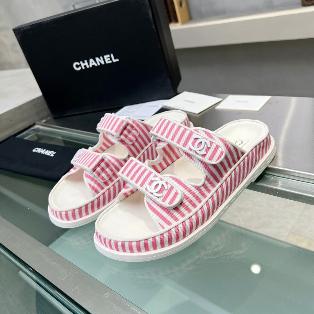 CHANEL Stripes Casual  Flat Sandals Light Pink White