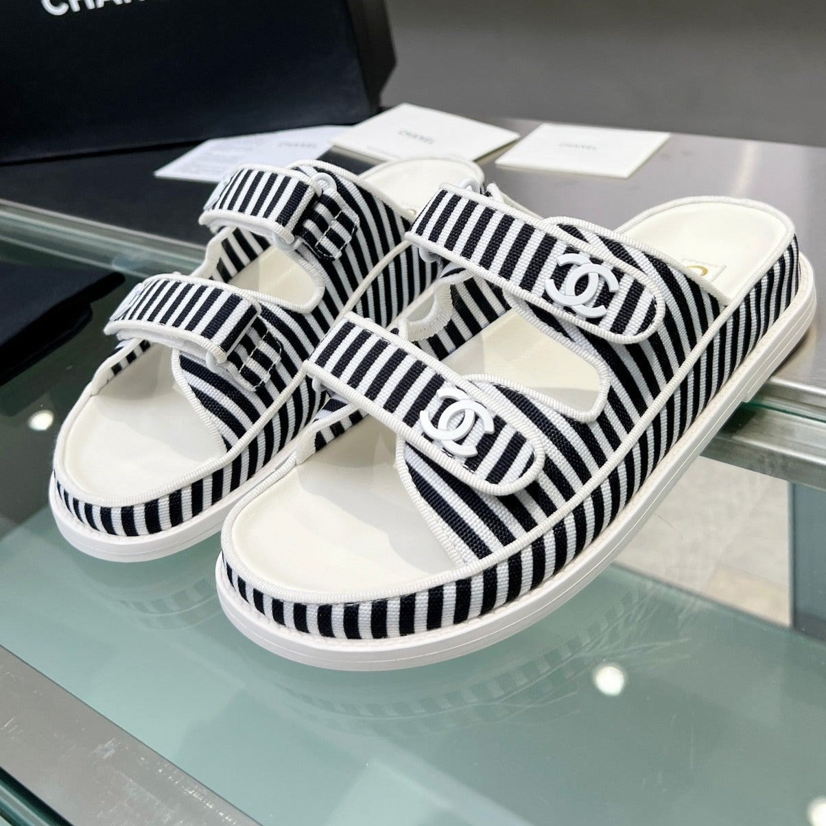 CHANEL Women's Stripes Casual  Flat Sandals Black White