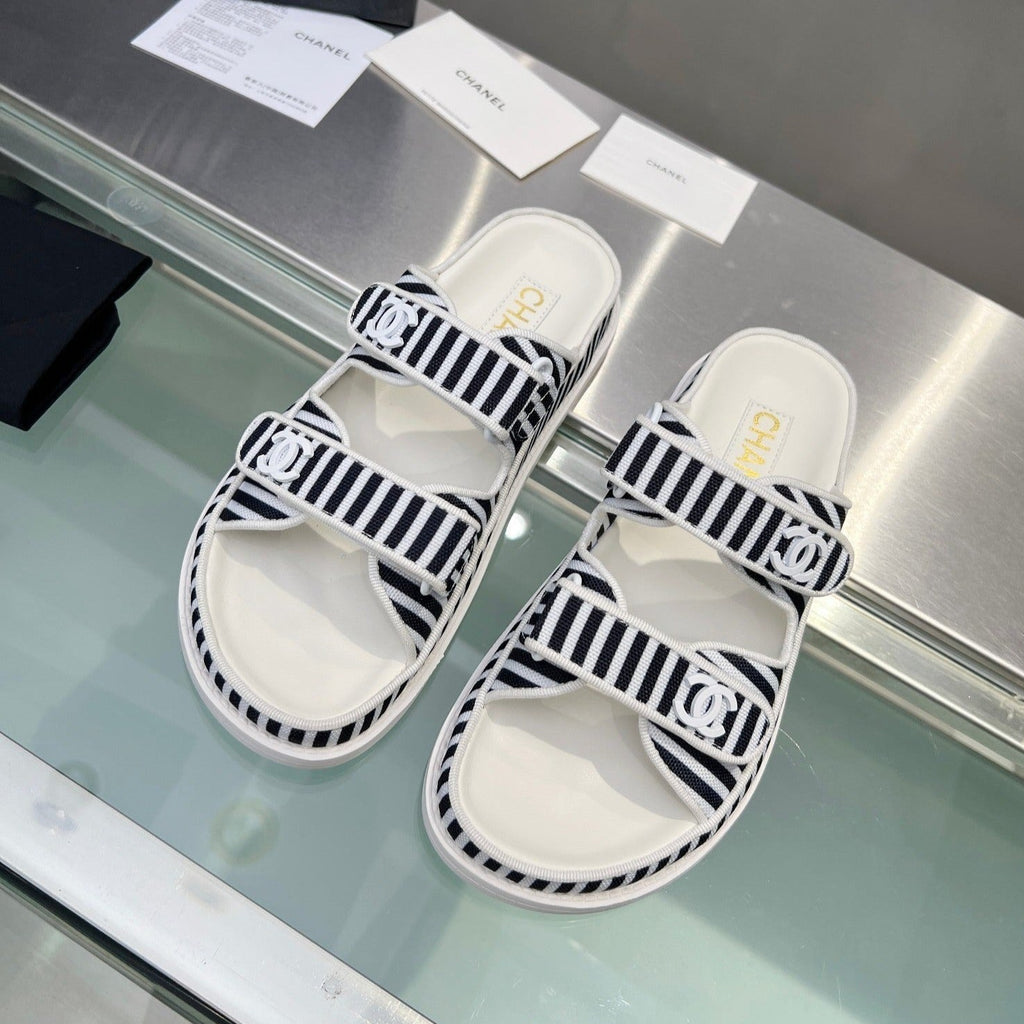 CHANEL Women's Stripes Casual  Flat Sandals Black White