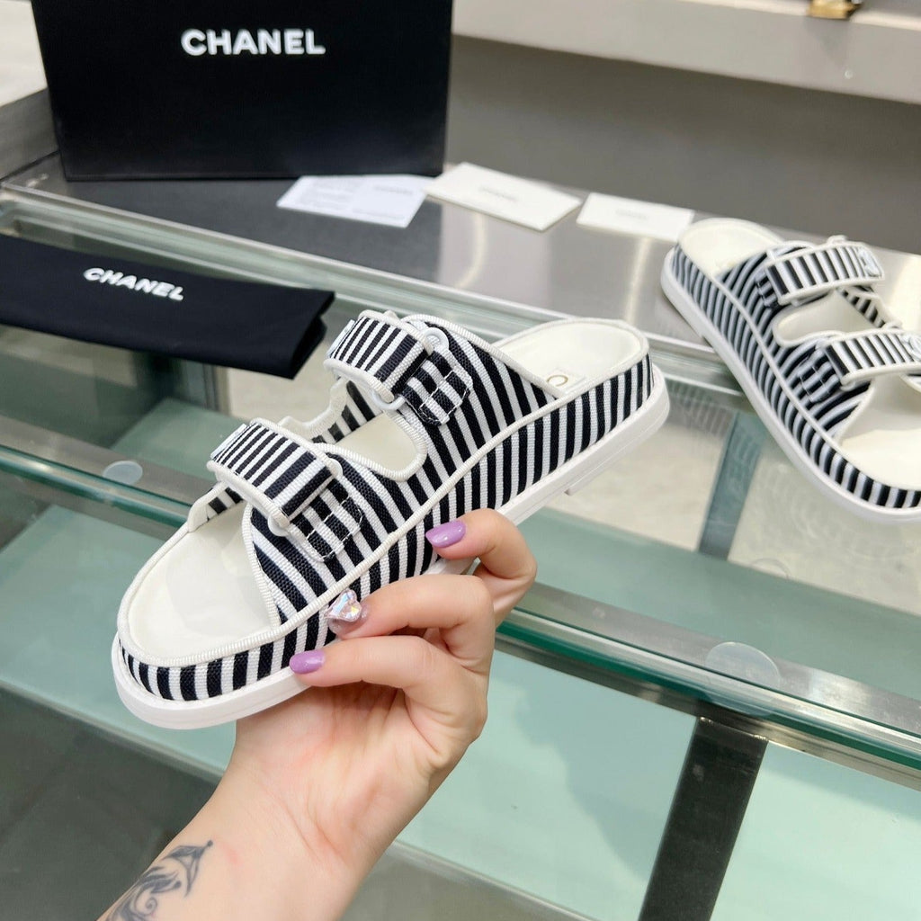 CHANEL Women's Stripes Casual  Flat Sandals Black White