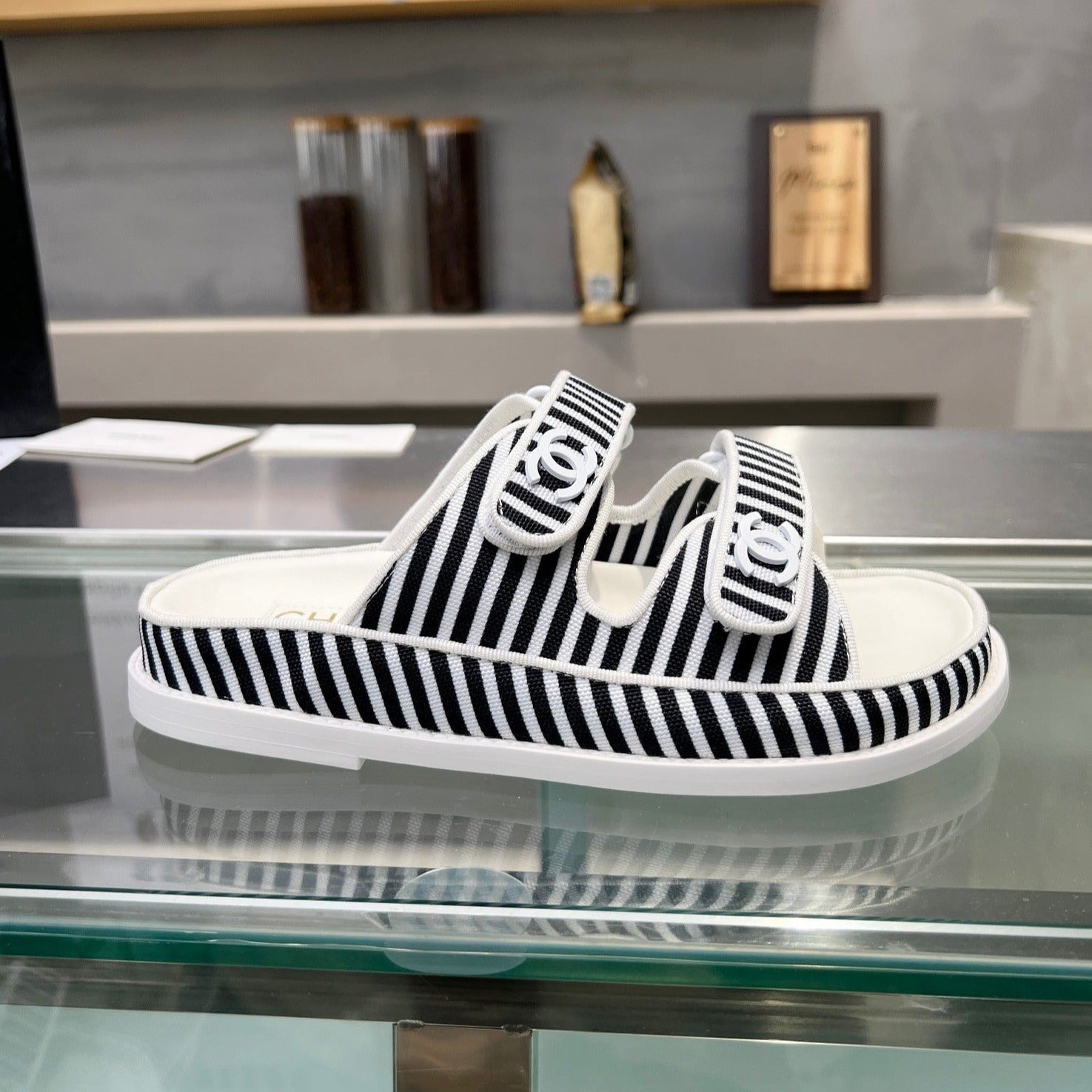 CHANEL Women's Stripes Casual  Flat Sandals Black White