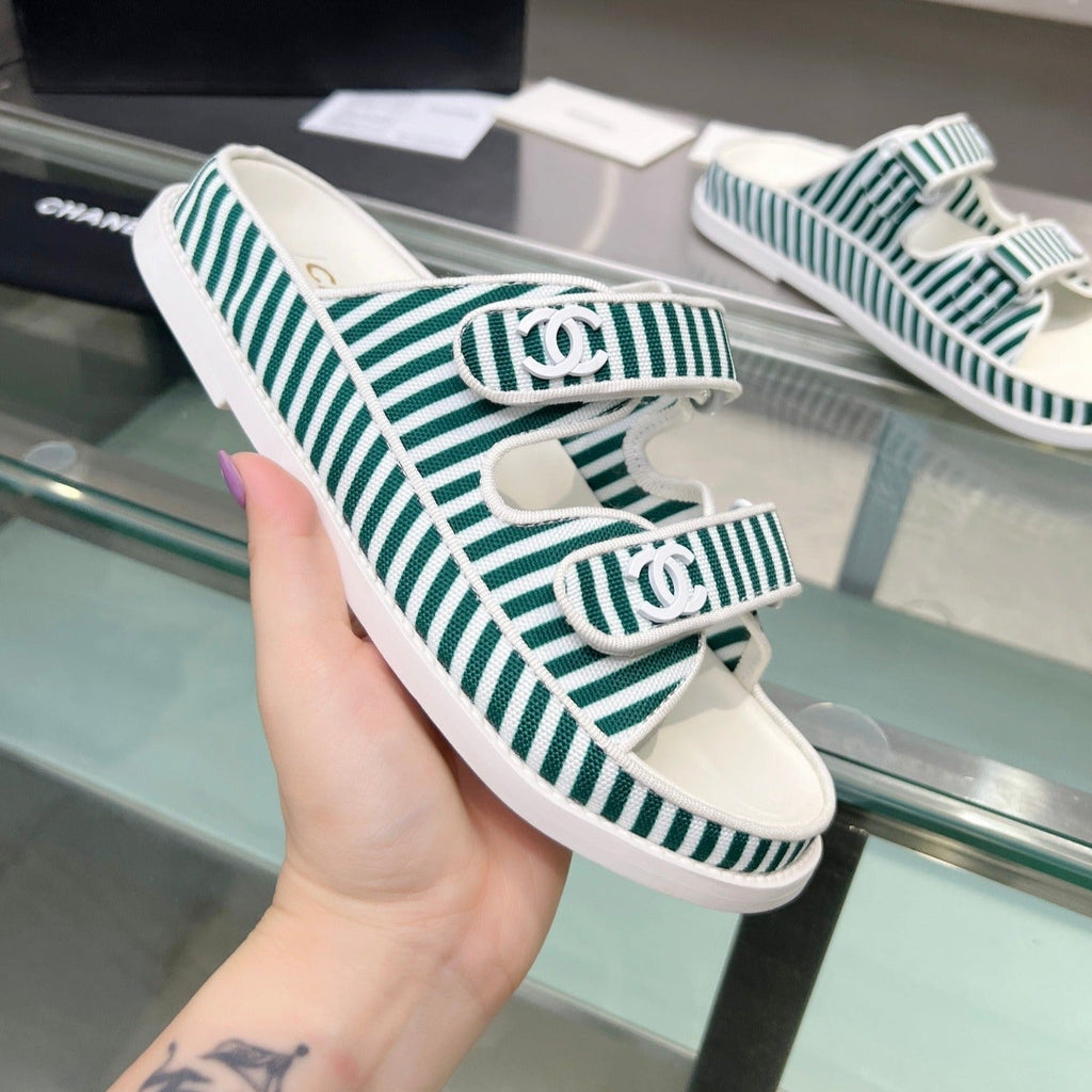 CHANEL Stripes Casual  Flat Sandals Jade Green White