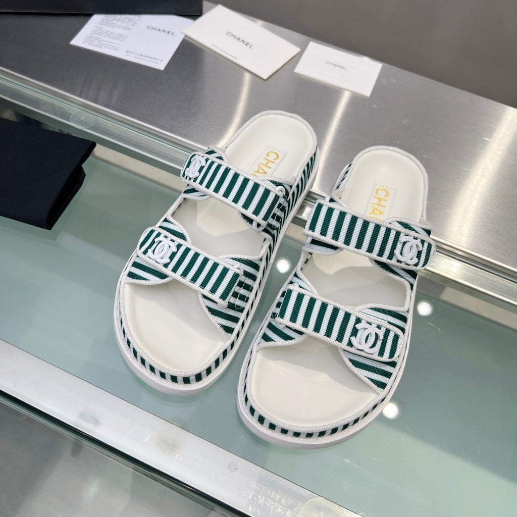 CHANEL Stripes Casual  Flat Sandals Jade Green White