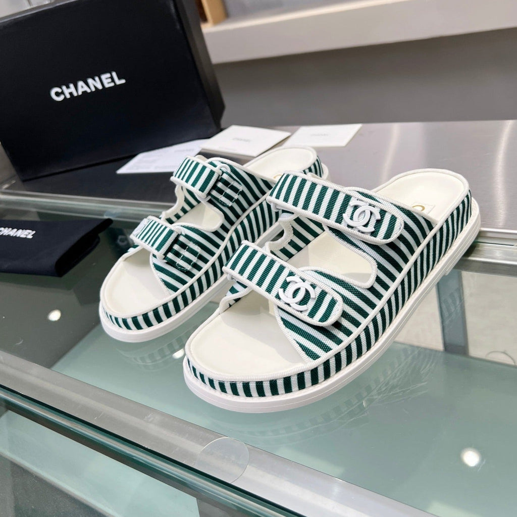 CHANEL Stripes Casual  Flat Sandals Jade Green White