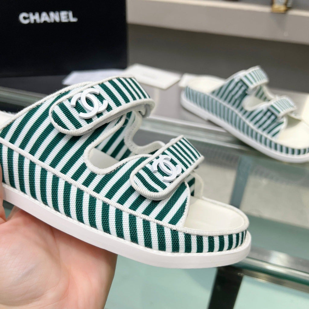 CHANEL Stripes Casual  Flat Sandals Jade Green White
