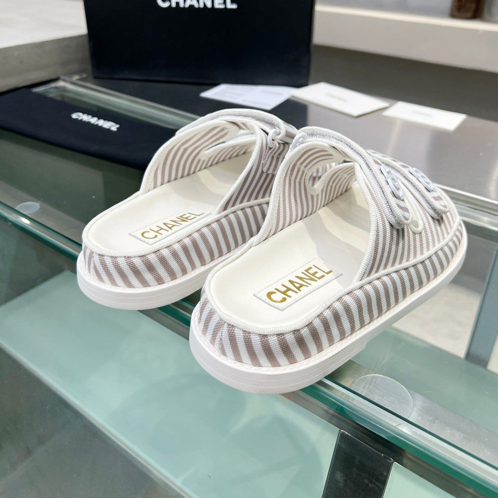 CHANEL Stripes Casual  Flat Sandals Gray White
