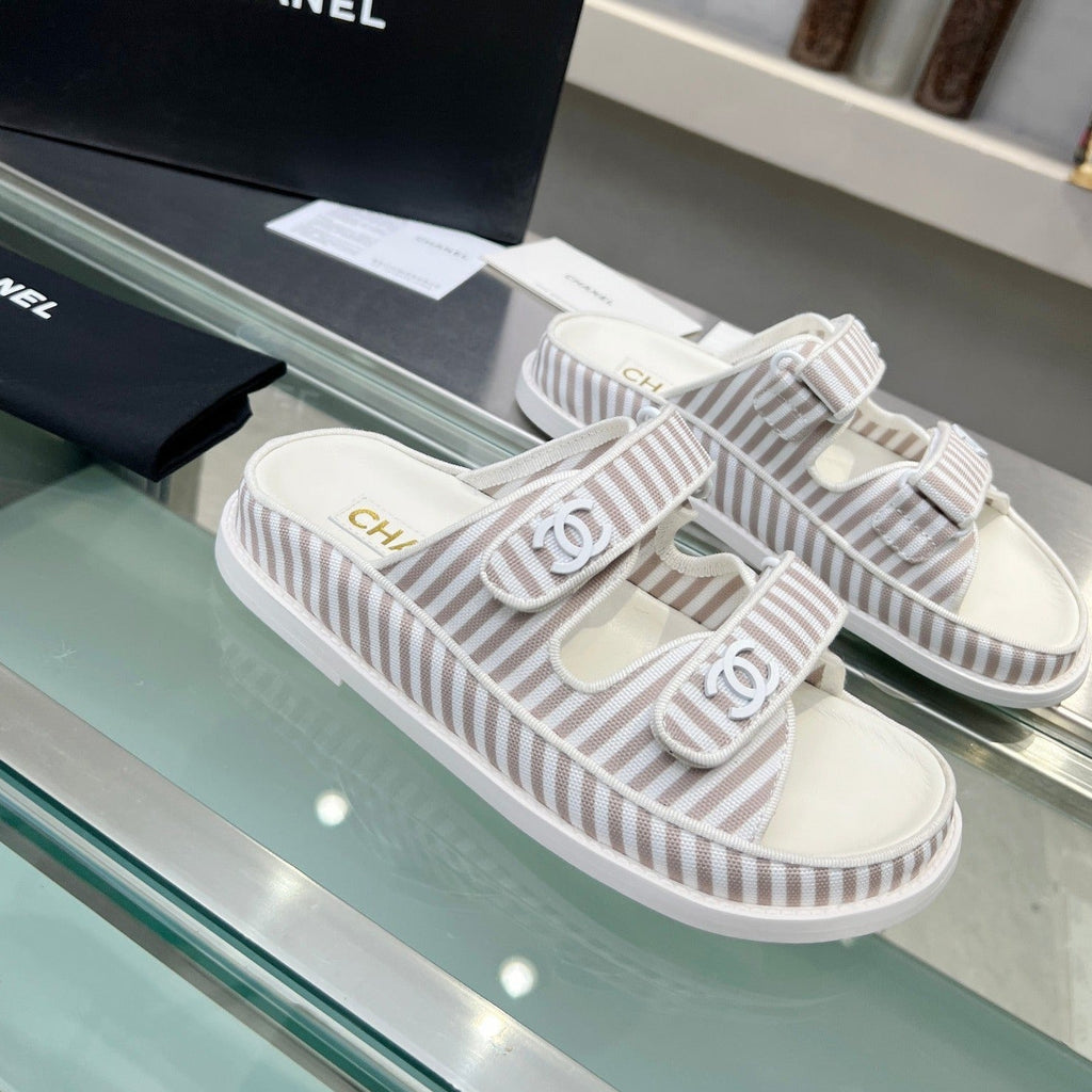 CHANEL Stripes Casual  Flat Sandals Gray White