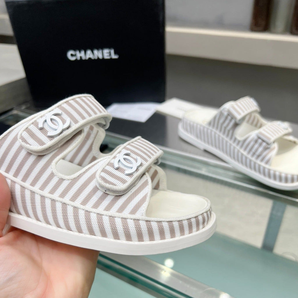 CHANEL Stripes Casual  Flat Sandals Gray White