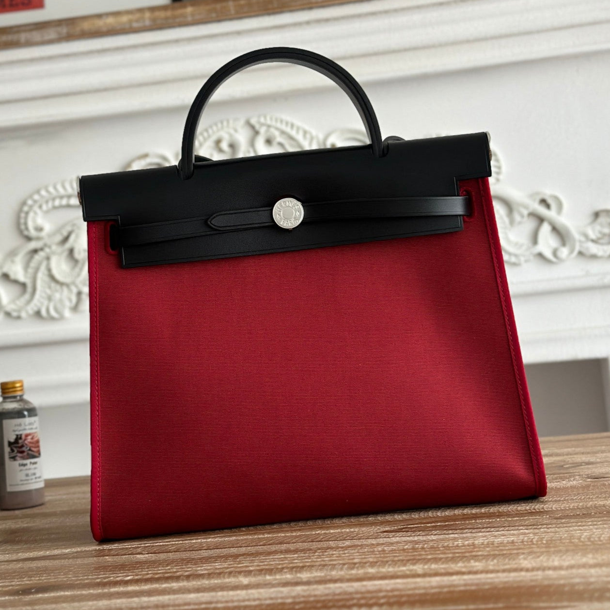 HERMES ZIP CABINE 31 BAG IN RUBY RED CANVAS AND BLACK CALFSKIN