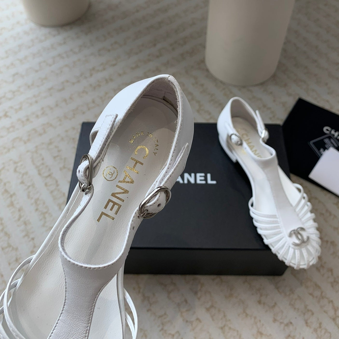 CHANEL Summer New Hollow Roman Sandals White Sheepskin