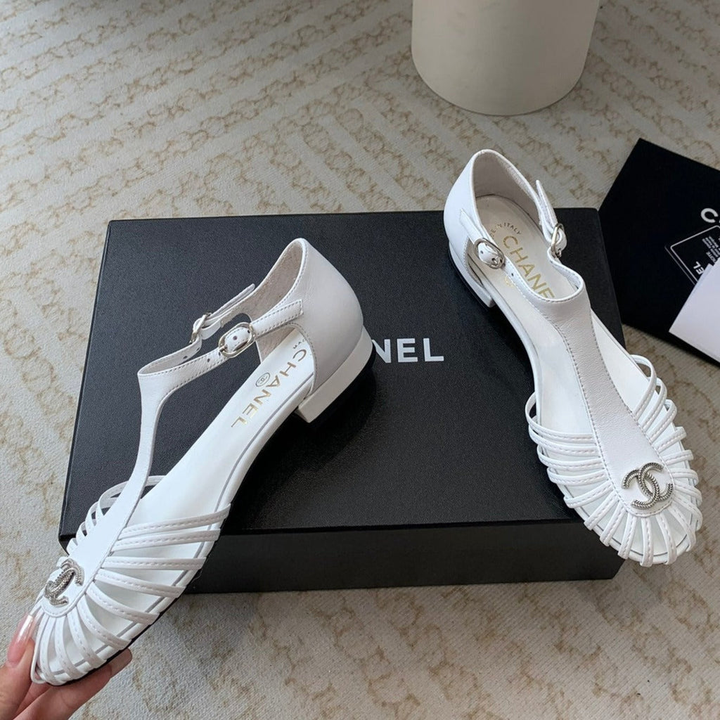 CHANEL Summer New Hollow Roman Sandals White Sheepskin