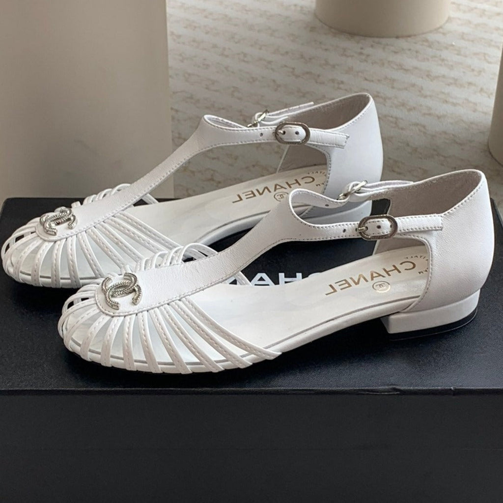 CHANEL Summer New Hollow Roman Sandals White Sheepskin