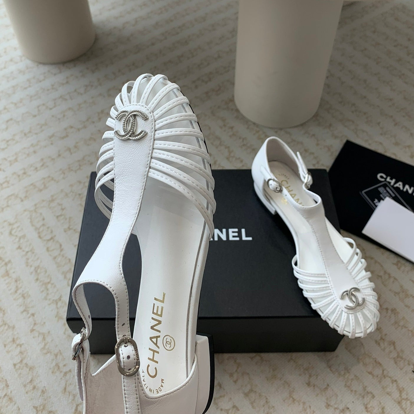 CHANEL Summer New Hollow Roman Sandals White Sheepskin
