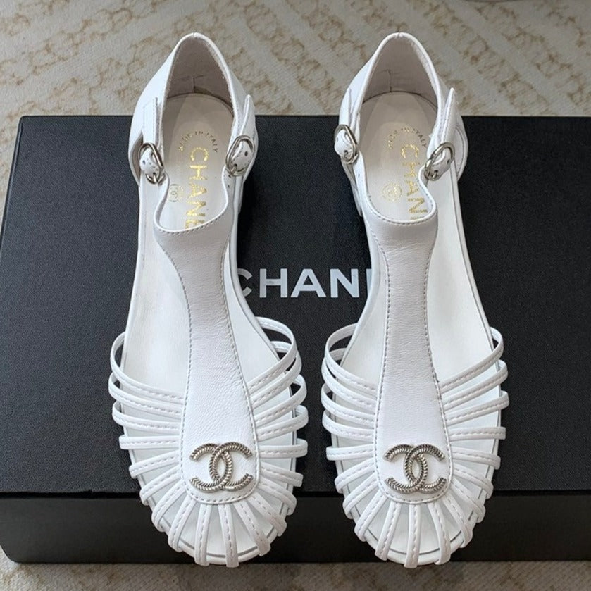 CHANEL Summer New Hollow Roman Sandals White Sheepskin