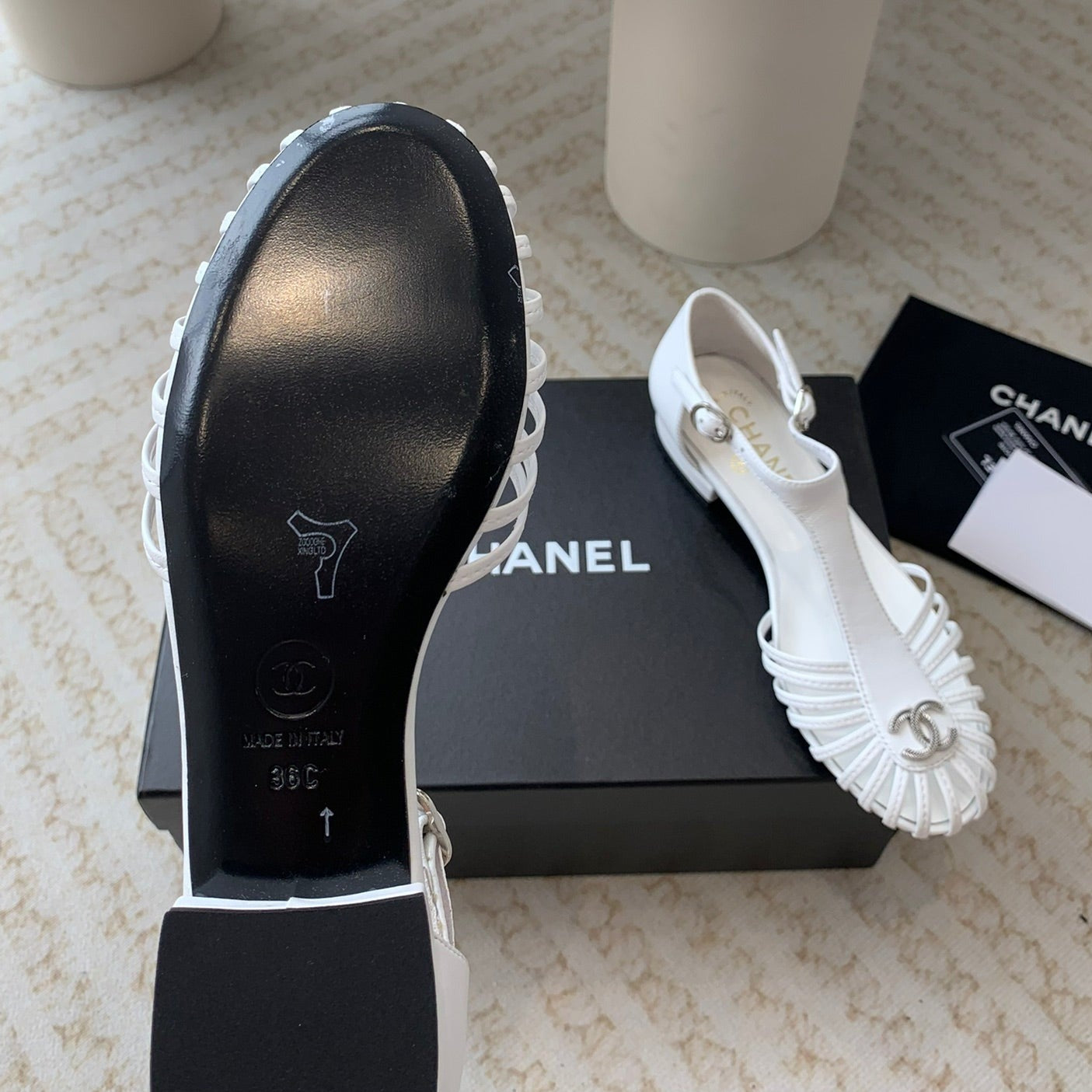 CHANEL Summer New Hollow Roman Sandals White Sheepskin