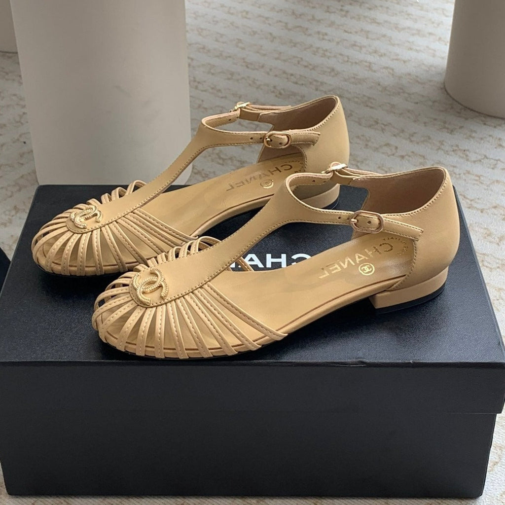 CHANEL Summer New Hollow Roman Sandals Metalic gold Sheepskin