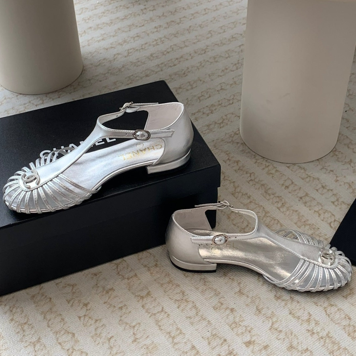 CHANEL Summer New Hollow Roman Sandals Silver Sheepskin