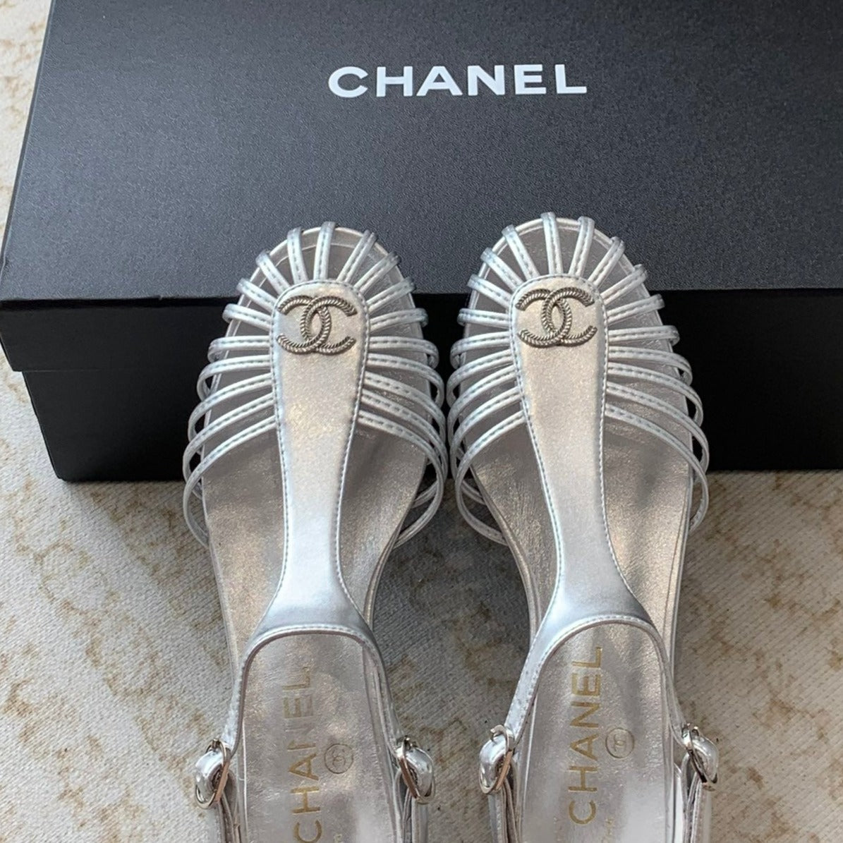 CHANEL Summer New Hollow Roman Sandals Silver Sheepskin