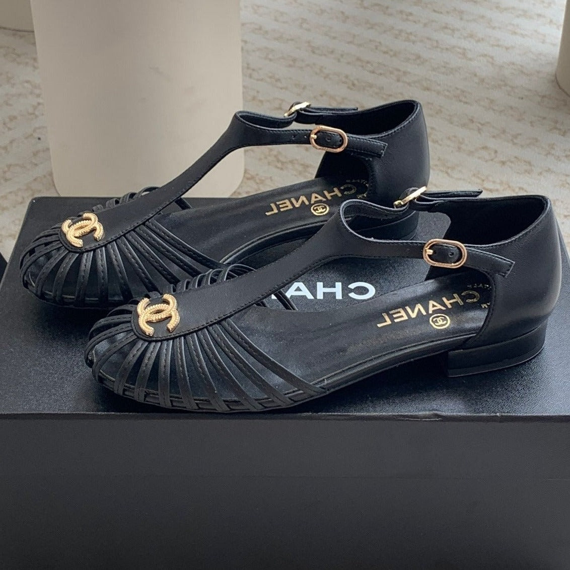 CHANEL Summer New Hollow Roman Sandals Black Sheepskin