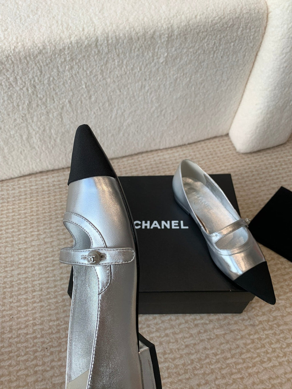 CHANEL Pointed Toe Mary Jane Shoes Silver Mix Black Lambskin