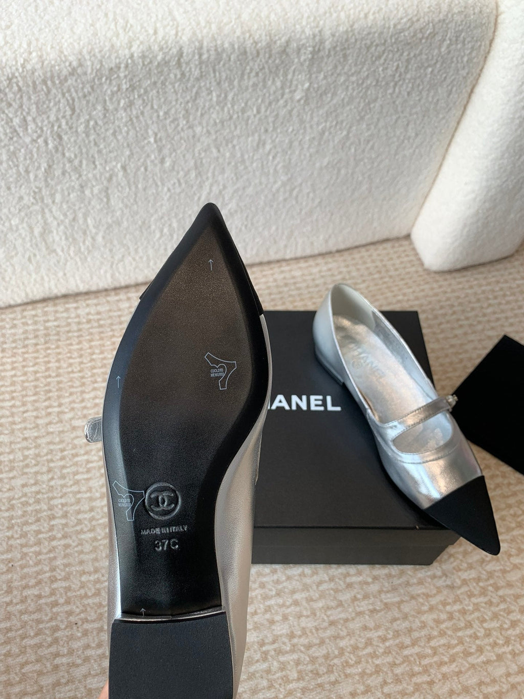 CHANEL Pointed Toe Mary Jane Shoes Silver Mix Black Lambskin